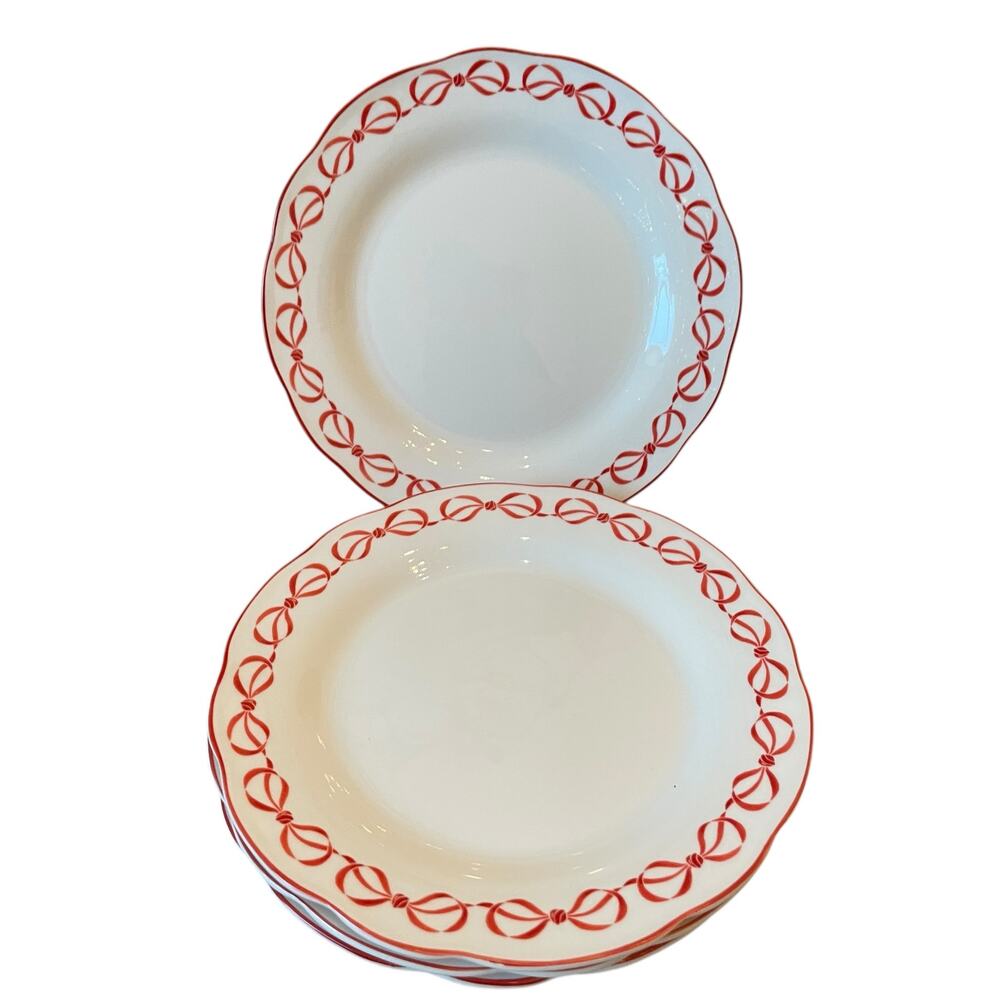 4pc Red Bow Border Salad Plates 7.5in Ceramic Valentine Eaton Fine Dining New
